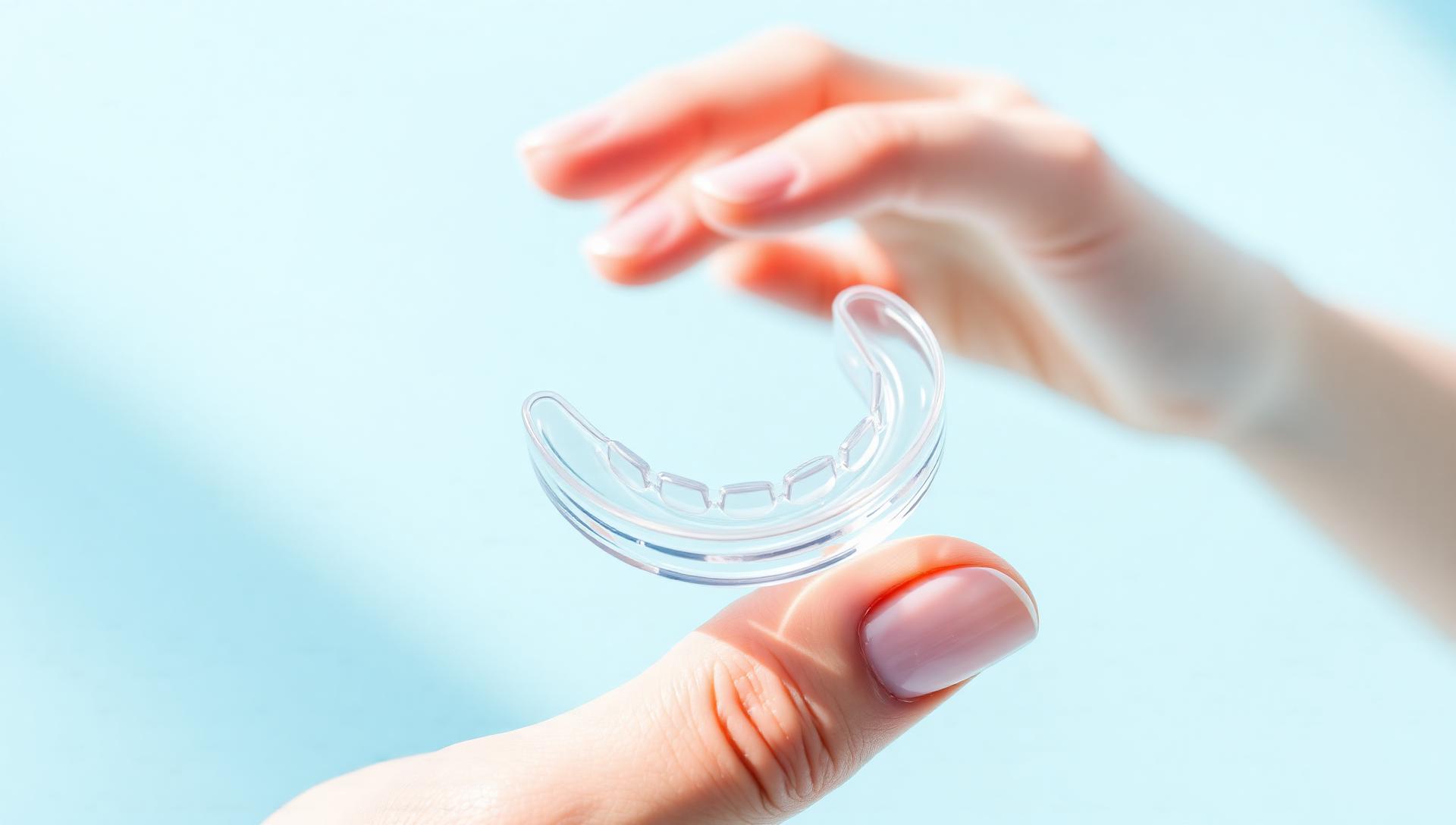 Hand holding a clear invisible dental aligner